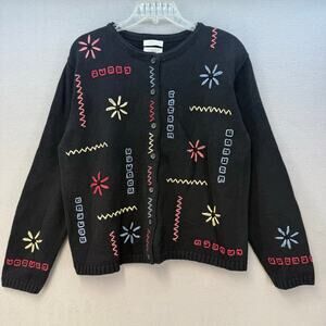 Christopher & Banks Cardigan Women's L Black Hand Embroidered Floral Sweater